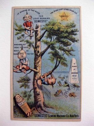 1880s Victorian Trade Card For Domestic Sewing Machine W/ Brownies In Tree