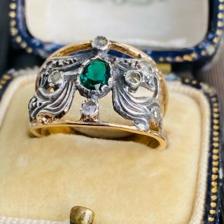 Fabulous Statement Ring,  18ct Gold,  Silver,  Rose Cut Diamond & Green Paste