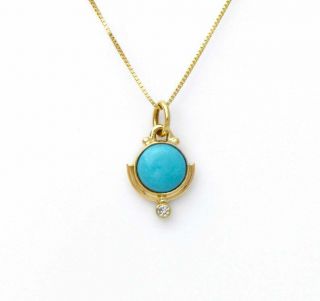 Sleeping Beauty Turquoise And Diamond Pendant In 14k Yellow Gold Over Necklace