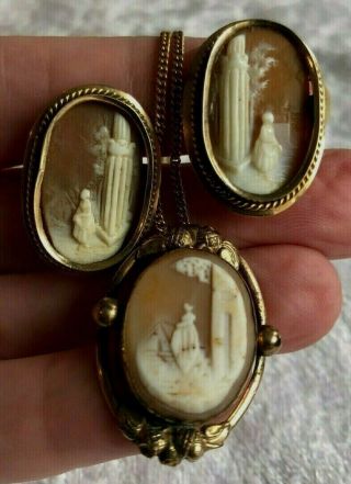 Victorian 12k Yellow Gold Filled Shell Cameo Pendant Necklace Screw Earring Set