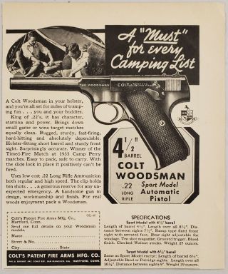 1936 Print Ad Colt Woodsman.  22 Sport Model Automatic Pistols Hartford,  Ct