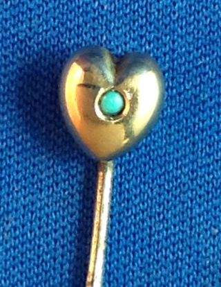 Victorian Stick Pin,  18k Yellow Gold Heart W/ Turquoise,  Pin 12 - 14k Gold,  2 1/8 "