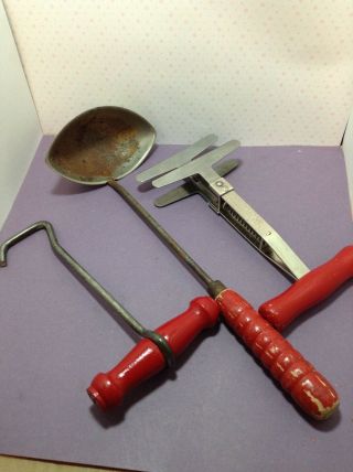3 Vintage Red Wooden Handle Tools