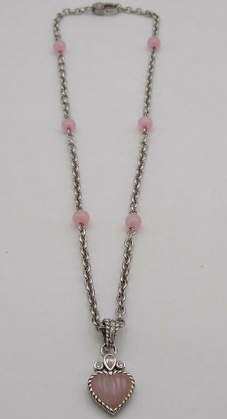 Retired Judith Ripka Sterling Silver Rose Quartz Heart Pendant And Necklace.