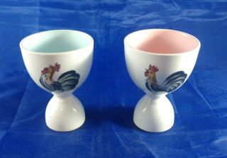 Set Of 2 Vintage Double Egg Cups With Rooster Design Colored Interior Japan