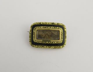 Victorian Gold & Black Enamel Mourning Brooch,  Glazed Hair Compartment