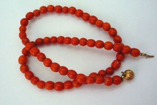 17 " Natural Undyed Red Salmon Color Coral Bead Necklace 14k Solid Gold Clasp 32g