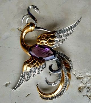 Huge Art Deco Style Flamingo,  Mixed Metal And Amethyst Center Stone