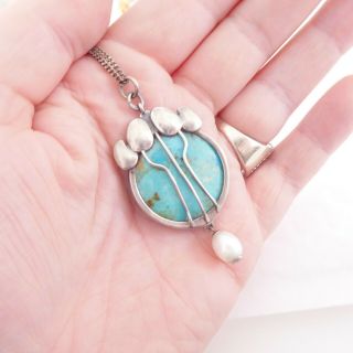 Silver Cultured Pearl & Turquoise Arts & Crafts Design Pendant On Chain,  925