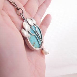 Silver cultured pearl & turquoise arts & crafts design pendant on chain,  925 2