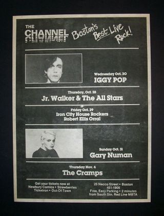 The Cramps,  Iggy Pop,  Gary Numan,  The Channel Boston 1982 Poster Type Concert Ad