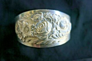 Vintage Stamped S Kirk & Son Sterling Floral Rose Repousse Large Cuff Bracelet