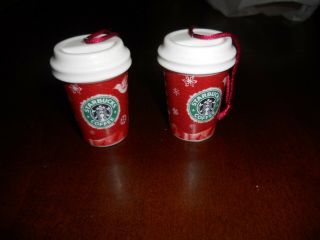 2 Starbucks 2008 Christmas Holiday Red " To Go Cup " Ornament,  Deer & Dove