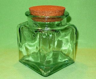 Heavy Glass Square Canister With Light Blue - Green Tint.  Made In Spain 5 1/4 " H