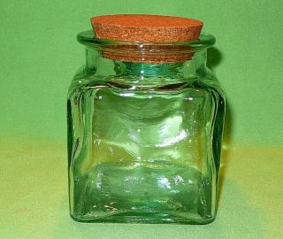 Heavy glass square CANISTER with light blue - green tint.  Made in SPAIN 5 1/4 
