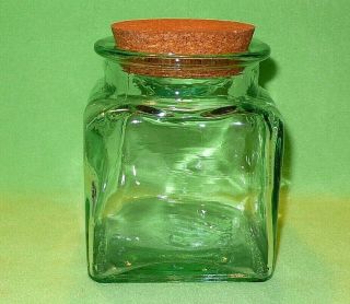 Heavy glass square CANISTER with light blue - green tint.  Made in SPAIN 5 1/4 