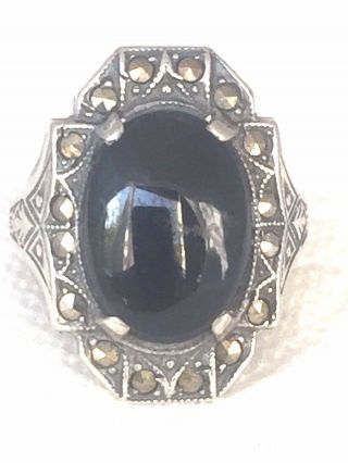 Vintage Sterling Silver Art Deco Onyx Marcasites Ring Size 5.  25 4.  1g Mourning