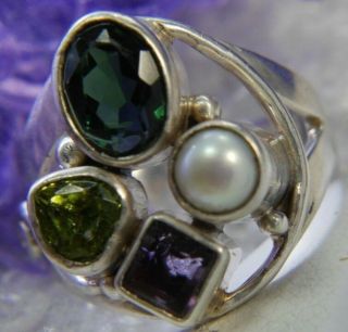 Chakra Pearl Amethyst Peridot Emerald.  925 Sterling Silver Estate Ring Size 7.  75