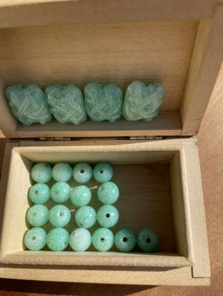 22 Vintage Chinese Hand Carved Jade Beads In A Wooden Box