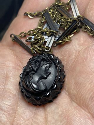 Antique Whitby Jet Cameo Pendant On Victorian Chain High Relief Unique Necklace