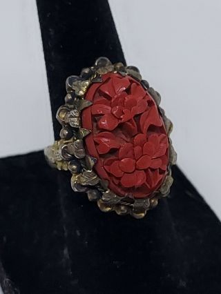 Vintage Chinese Export Sterling Silver Cinnabar Carved Floral Ring Adjustable