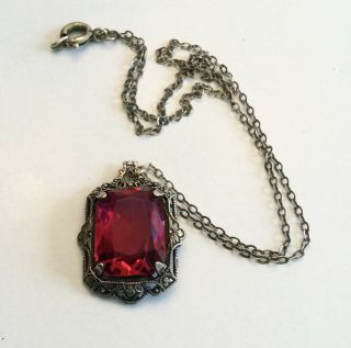 Antique Art Deco Sterling Ruby Red Czech Glass Pendant Necklace