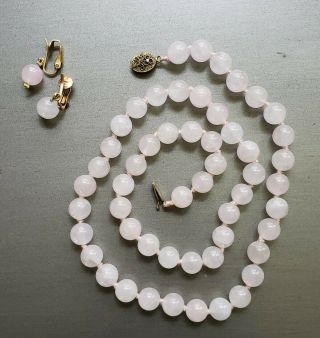 Antique Chinese Export Silver Rose Quartz Bead Necklace & Earrings Art Deco 925