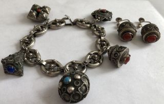 Vintage Italian Etruscan Silver 800 Jeweled Fob Charm Bracelet W/ 925 Earrings