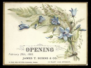 Feb 28,  1883 Nyc Opening Trade Card,  James T Burns & Co,  12 East 14th St.  C919