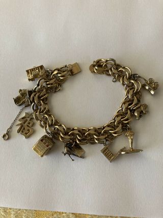 Vintage Gold Filled Charm Bracelet With 9 Sterling And Gold Filled Charms