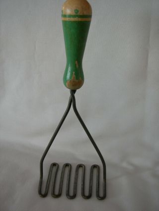Vintage Kitchen Tool Potato Masher With Green Wood Handle - Country Decor