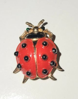 Vintage Crown Trifari Gold Tone Jelly Belly Stone Ladybug Brooch Pin