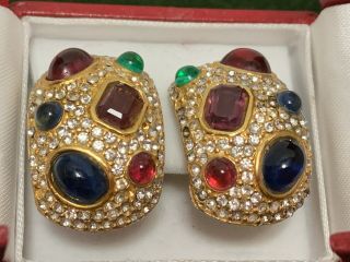 Ciner ® Pave´ Crystal Earrings Moghul Clip - On Semiprecious Stone Cabochon Golden