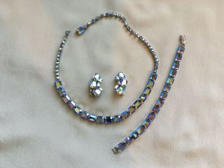 Stunning Vintage Weiss Blue Rhinestone Necklace Bracelet Earrings Great Condn