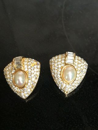 Gorgeous Signed Christian Dior Faux Pearl Rhinestone Clip On Earrings Vintage
