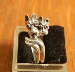 Vintage Scotty Dogs With Ruby Eyes Artist Made Sterling Silver Ring Sz 7.  75