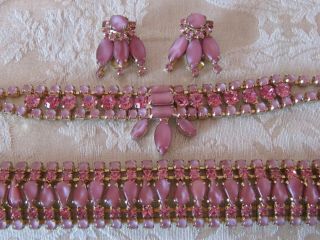 Vintage Signed Warner Pink Rhinestone & Art Glass Necklace Bracelet Earrings Set