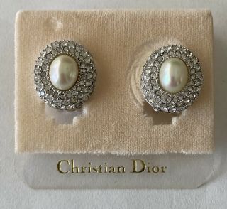 Vintage Christian Dior Silver Faux Mabe Pearl And Crystal Earrings Nos