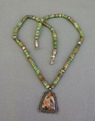 Old Vintage Silver Petrified Wood Pendant On Green Turquoise Heishi Necklace