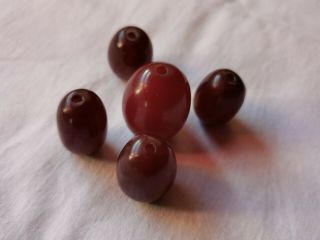Antique Cherry Amber Bakelite Loose Barrel Beads Joblot X 5 24g Largest 10.  5g