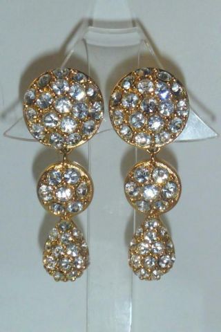Vintage Christian Dior Crystal Gold Tone Clip 1 - 3/4 " Dangle Teardrop Earrings