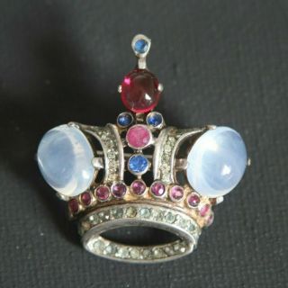 1940s Iconic Trifari Sterling Silver Moonstone Crown Alfred Philippe Brooch