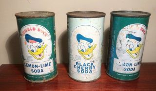 Three Donald Duck Flat Top Soda Cans