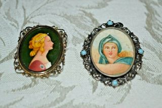 2 Antique Vintage Portrait Pins Brooch 800 Silver Pendants Necklace