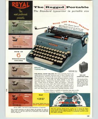 1958 Paper Ad 2 Sided Royal Portable Typewriter Quiet Deluxe Royalite Color