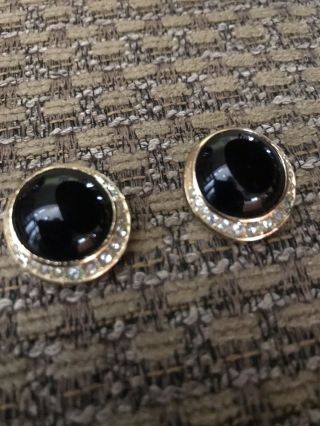 Christian Dior Signed Vintage Black Crystal Earrings Clip - On Gold - Plated Oval