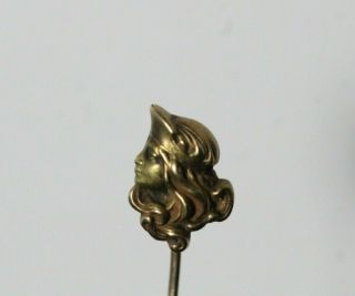 Antique Late 19thc Art Nouveau Woman Sculptural 10k Yellow Gold Stick Pin