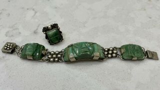 Mexico Taxco Sterling Silver & Carved Jade Warrior Face Hinged Bracelet & Ring