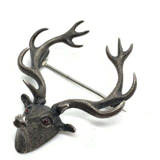 Antique Sterling Silver Stags Heads Brooch Ebt102