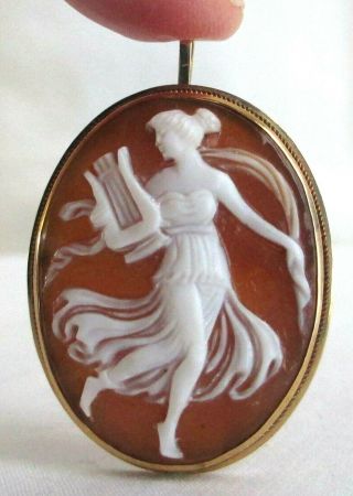Antique 14k Yellow Gold Victorian Lady With Lyre Carved Cameo Brooch Pendant